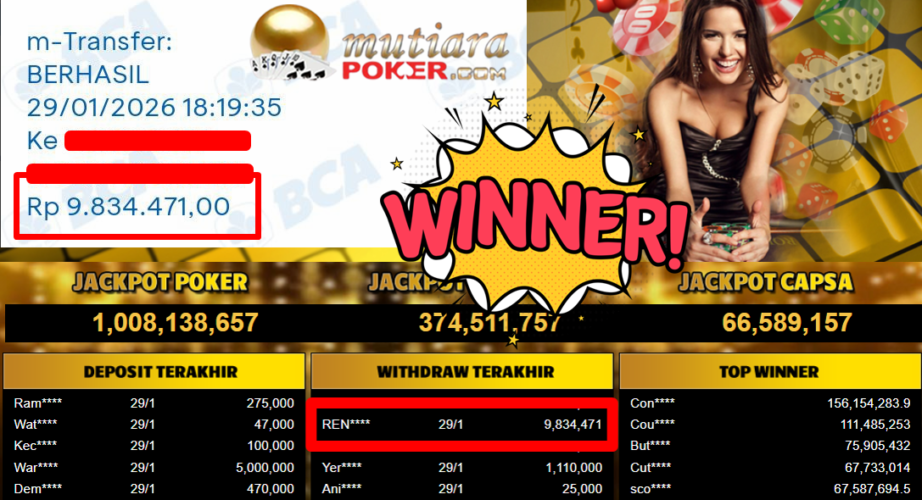 Bukti Withdraw ( 9.834.471,- ) Member Setia MutiaraPoker