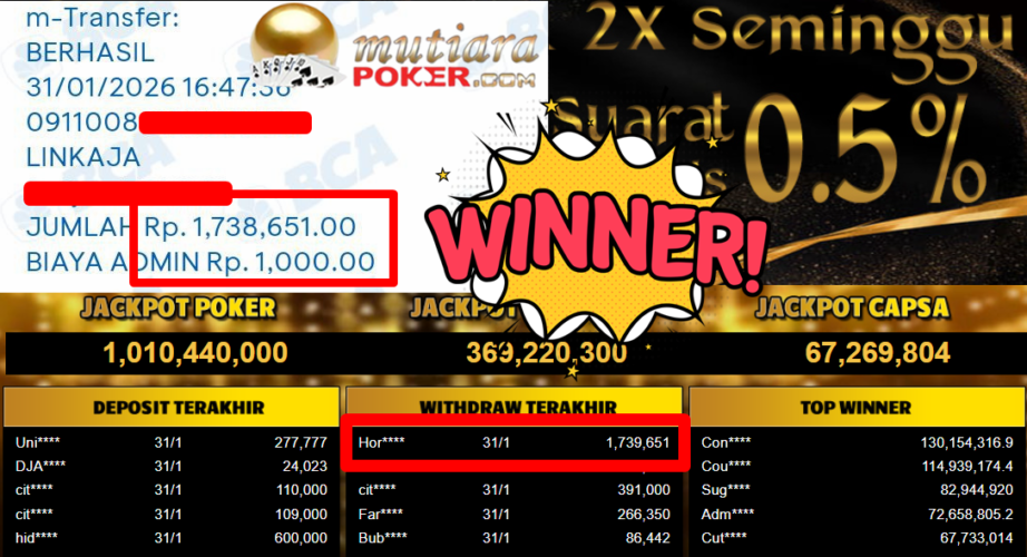 Bukti Withdraw ( 1.739.651,- ) Member Setia MutiaraPoker
