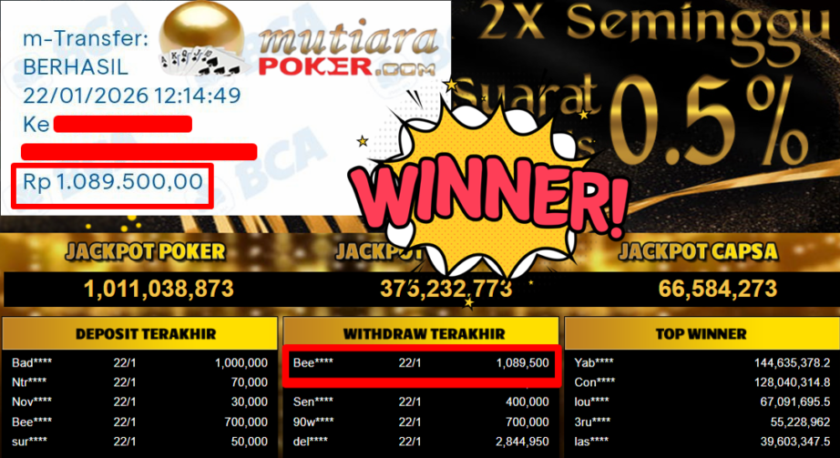 Bukti Withdraw ( 1.089.500,- ) Member Setia MutiaraPoker