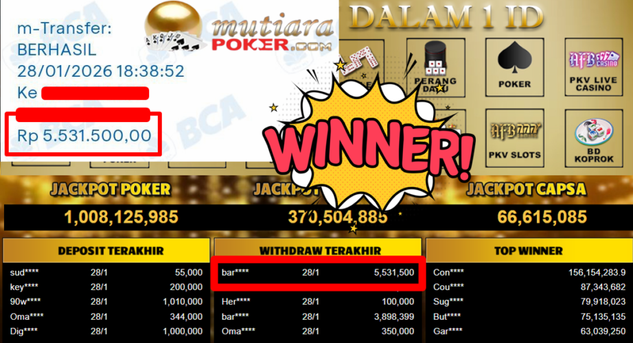 Bukti Withdraw ( 5.531.500,- ) Member Setia MutiaraPoker
