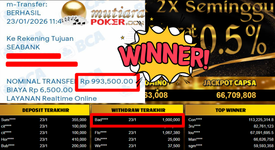 Bukti Withdraw ( 1.000.000,- ) Member Setia MutiaraPoker