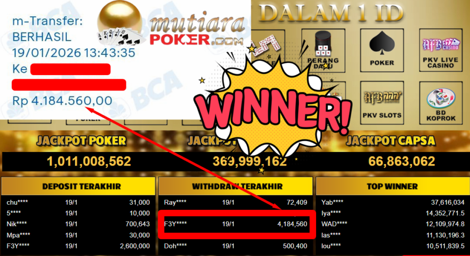 Bukti Withdraw ( 4.184.560,- ) Member Setia MutiaraPoker