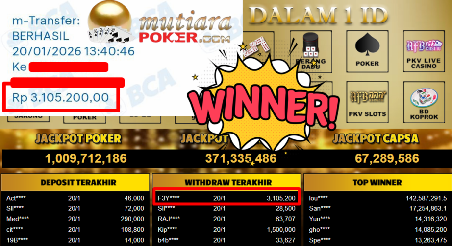 Bukti Withdraw ( 3.105.200,- ) Member Setia MutiaraPoker