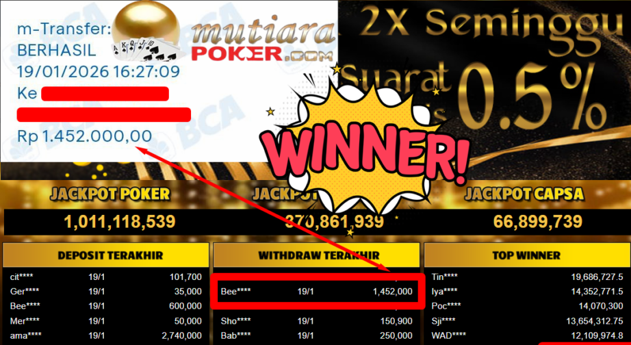 Bukti Withdraw ( 1.452.000,- ) Member Setia MutiaraPoker