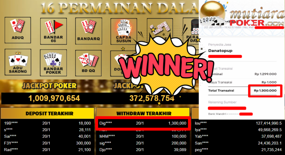 Bukti Withdraw ( 1.300.000,- ) Member Setia MutiaraPoker