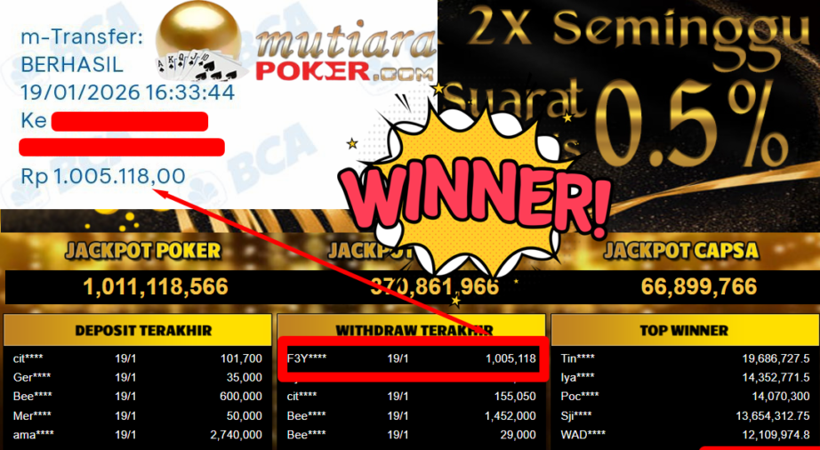 Bukti Withdraw ( 1.005.118,- ) Member Setia MutiaraPoker