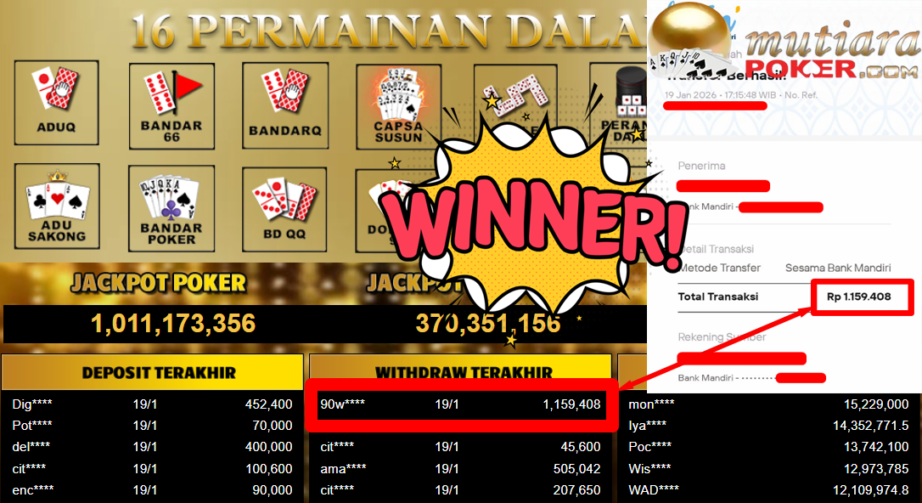 Bukti Withdraw ( 1.159.408,- ) Member Setia MutiaraPoker