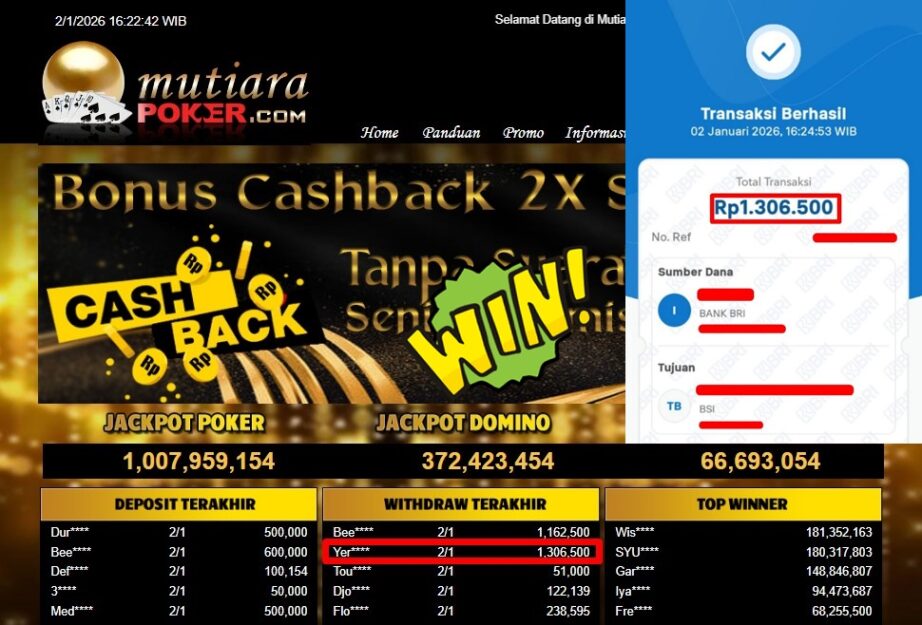 Bukti Withdraw ( 1,306,500,- ) Member Setia MutiaraPoker
