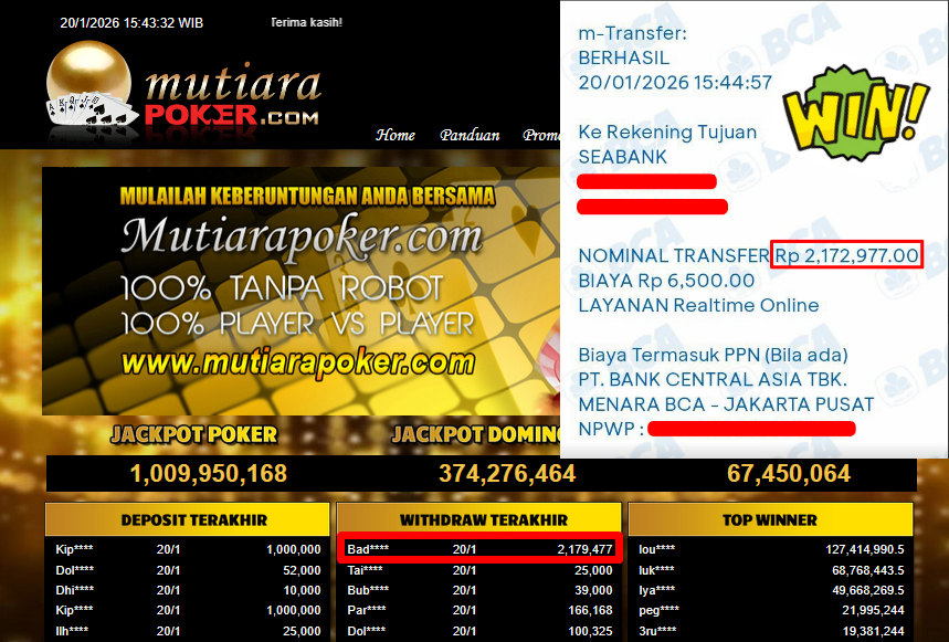 Bukti Withdraw (2,179,477,- ) Member Setia MutiaraPoker