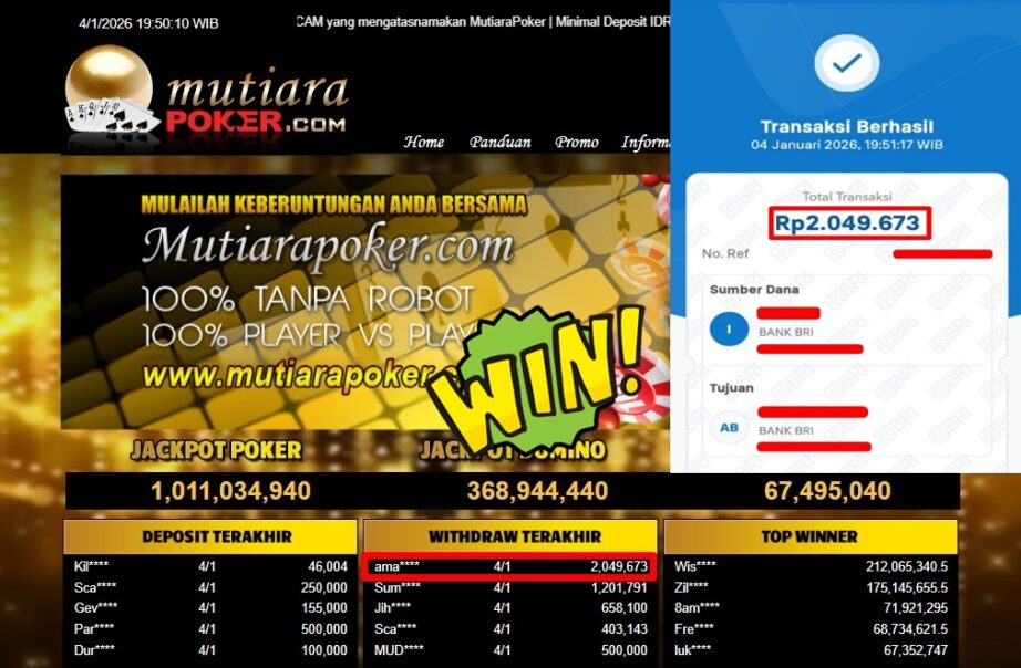 Bukti Withdraw ( 2,049,673,- ) Member Setia MutiaraPoker