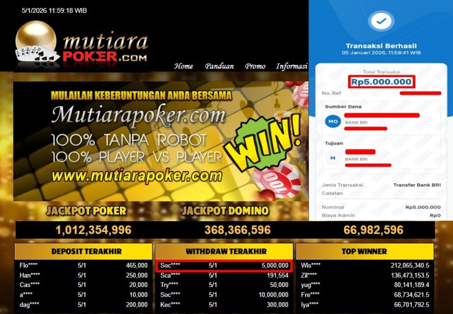 Bukti Withdraw ( 5,000,000,- ) Member Setia MutiaraPoker