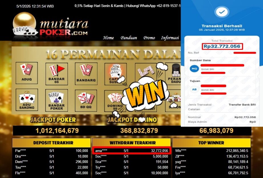 Bukti Withdraw ( 32,772,056,- ) Member Setia MutiaraPoker