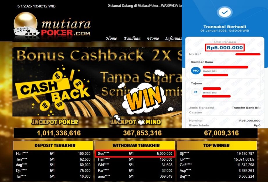 Bukti Withdraw ( 5,000,000,- ) Member Setia MutiaraPoker