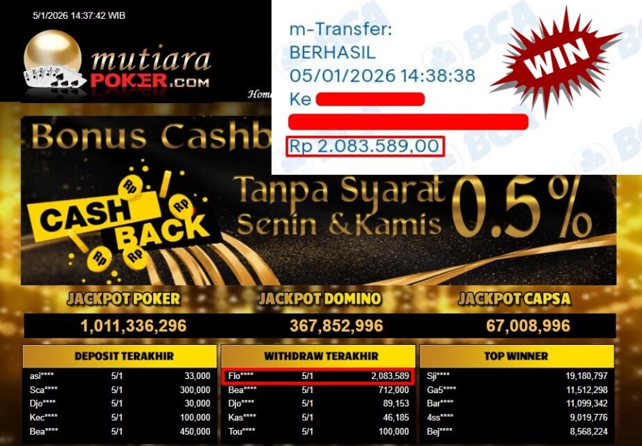 Bukti Withdraw ( 2,083,589,- ) Member Setia MutiaraPoker
