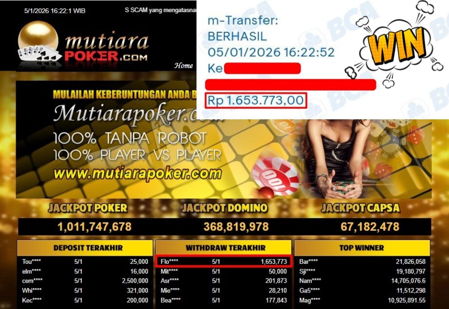Bukti Withdraw ( 1,653,773,- ) Member Setia MutiaraPoker