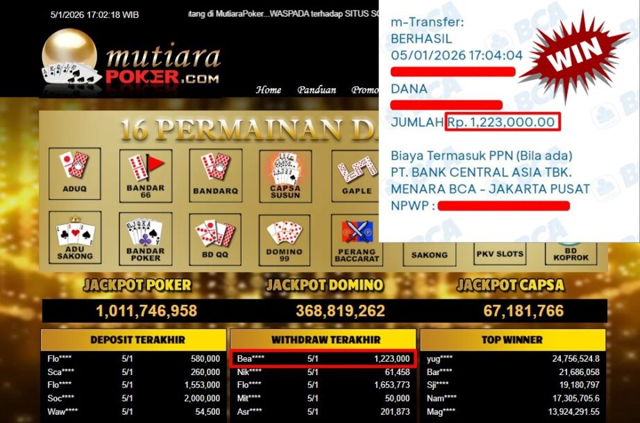 Bukti Withdraw ( 1,223,000,- ) Member Setia MutiaraPoker
