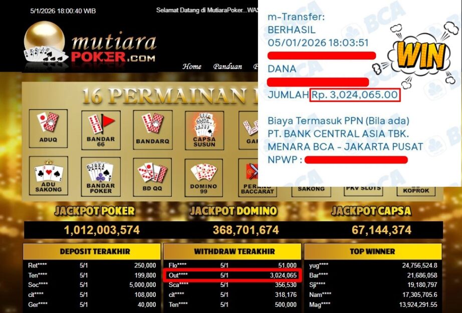 Bukti Withdraw ( 3,024,065,- ) Member Setia MutiaraPoker