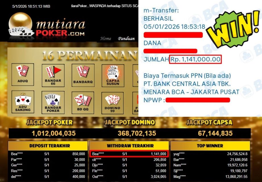Bukti Withdraw ( 1,141,000,- ) Member Setia MutiaraPoker