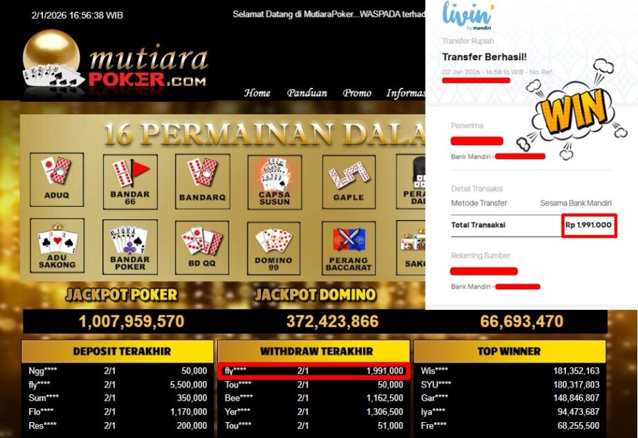 Bukti Withdraw ( 1,991,000,- ) Member Setia MutiaraPoker