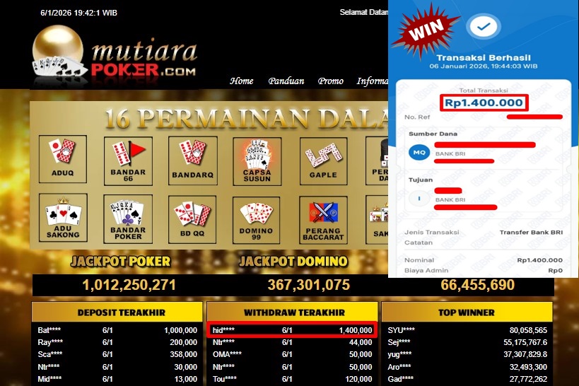 Bukti Withdraw ( 1,400,000,- ) Member Setia MutiaraPoker