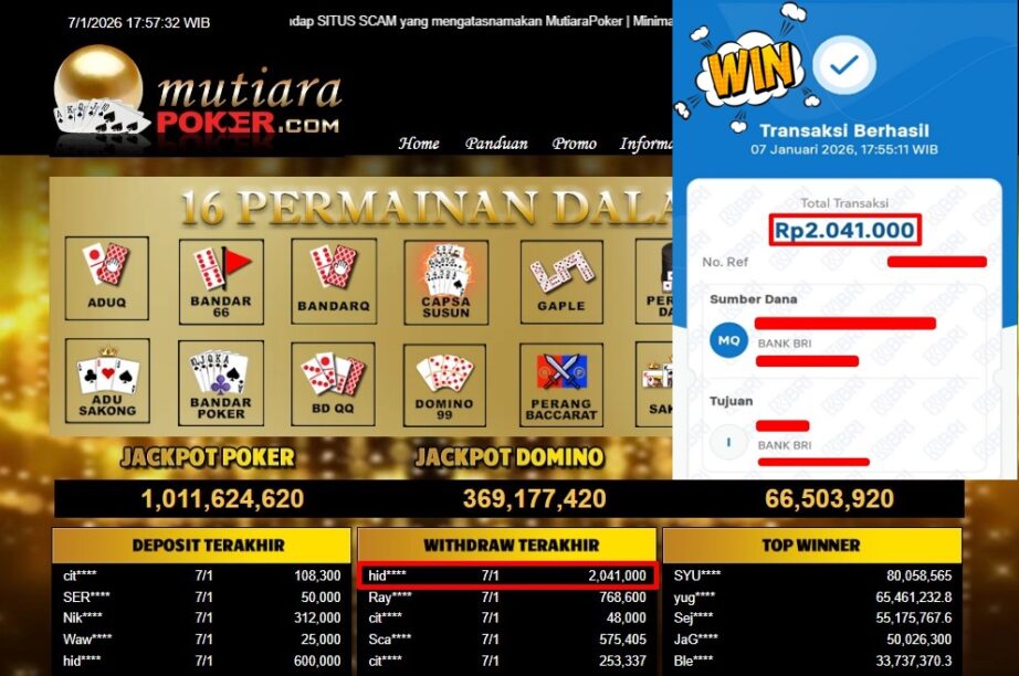 Bukti Withdraw ( 2,041,000,- ) Member Setia MutiaraPoker