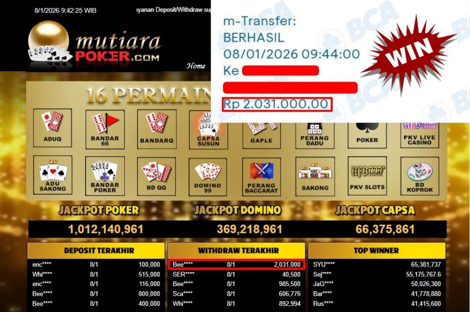 Bukti Withdraw ( 2,031,000,- ) Member Setia MutiaraPoker