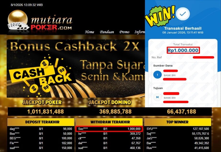 Bukti Withdraw ( 1.000.000,- ) Member Setia MutiaraPoker