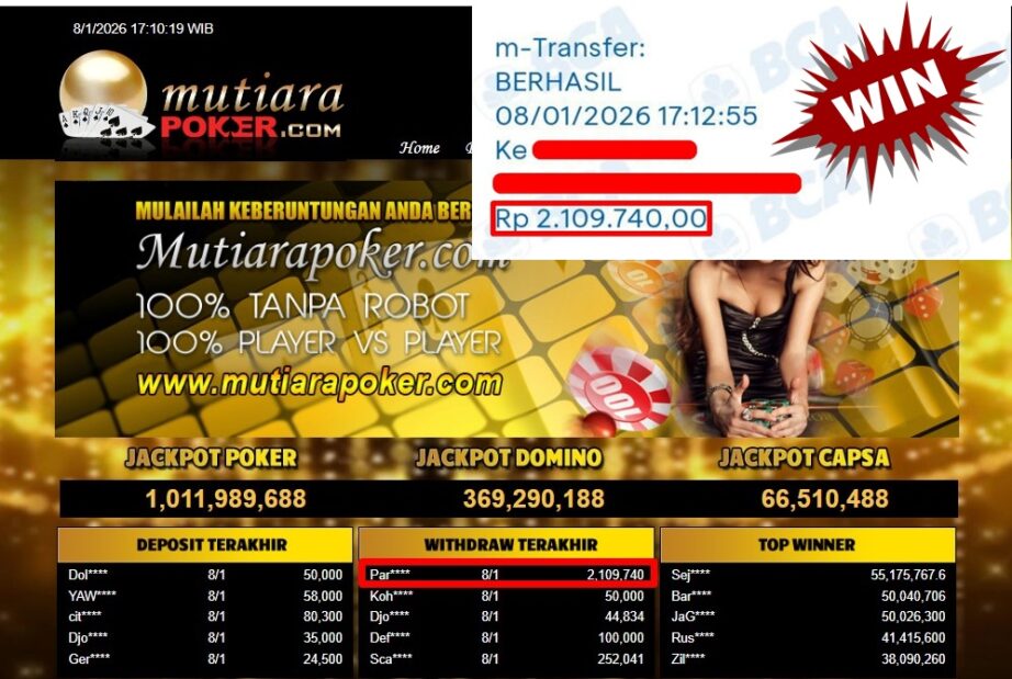 Bukti Withdraw ( 2,109,740,- ) Member Setia MutiaraPoker