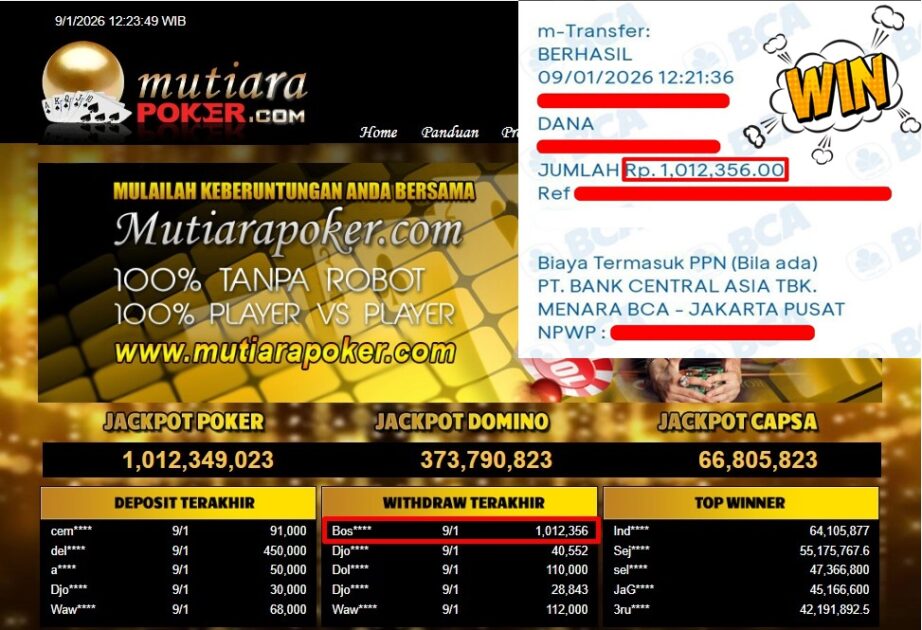 Bukti Withdraw ( 1,012,356,- ) Member Setia MutiaraPoker