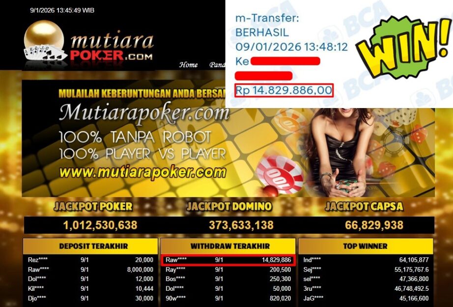 Bukti Withdraw ( 14,829,886,- ) Member Setia MutiaraPoker