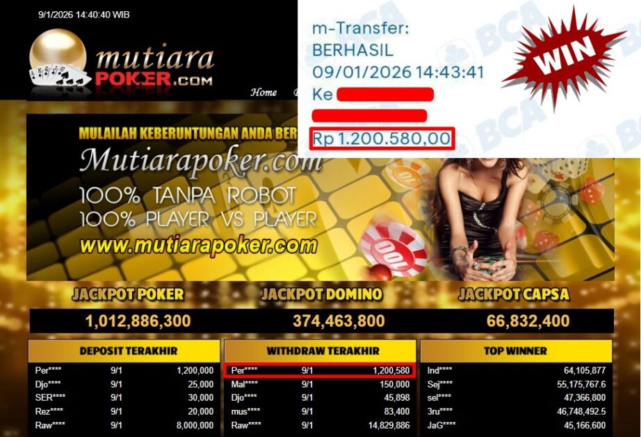 Bukti Withdraw ( 1,200,580,- ) Member Setia MutiaraPoker