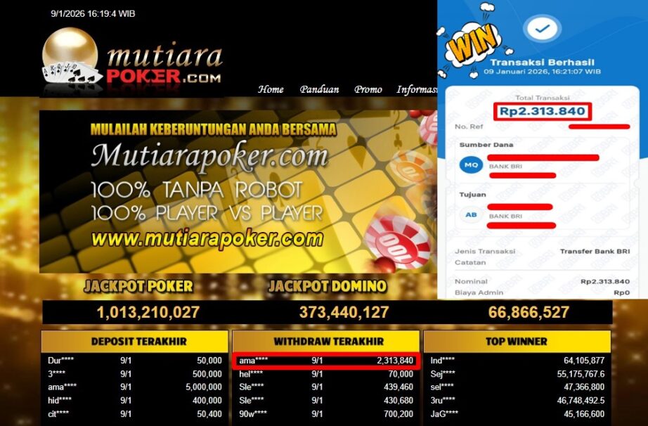 Bukti Withdraw ( 2,313,840,- ) Member Setia MutiaraPoker