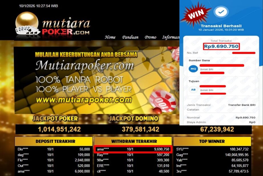 Bukti Withdraw ( 9,690,750,- ) Member Setia MutiaraPoker