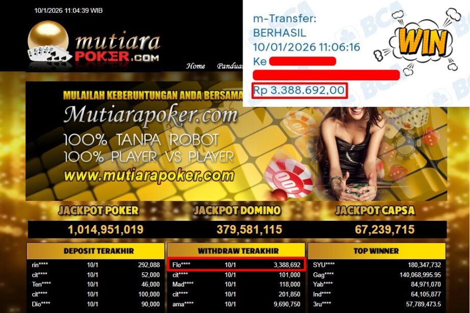 Bukti Withdraw ( 3,388,692,- ) Member Setia MutiaraPoker