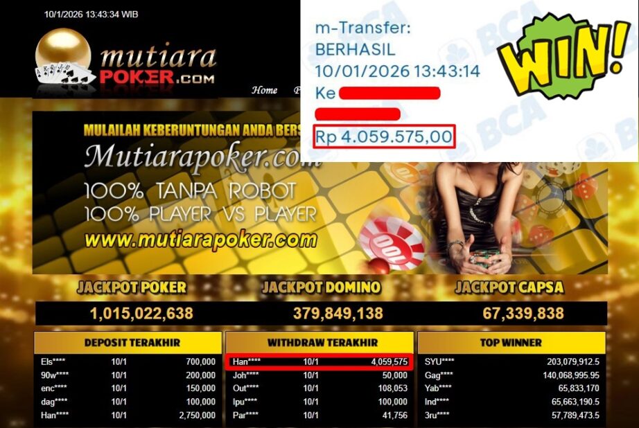 Bukti Withdraw ( 4,059,575,- ) Member Setia MutiaraPoker