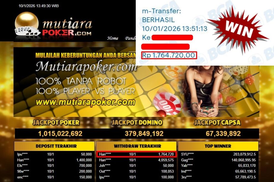 Bukti Withdraw ( 1,764,720,- ) Member Setia MutiaraPoker