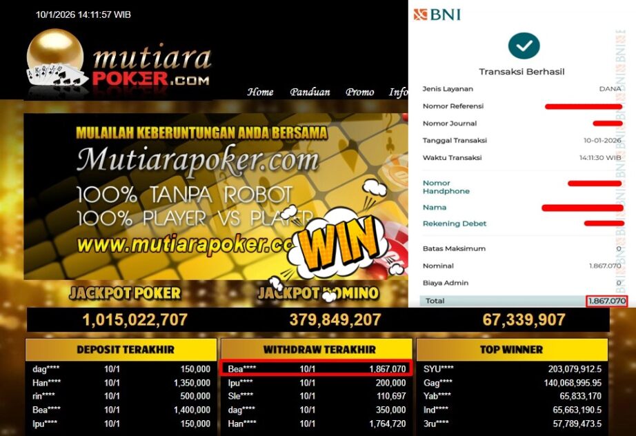 Bukti Withdraw ( 1,867,070,- ) Member Setia MutiaraPoker