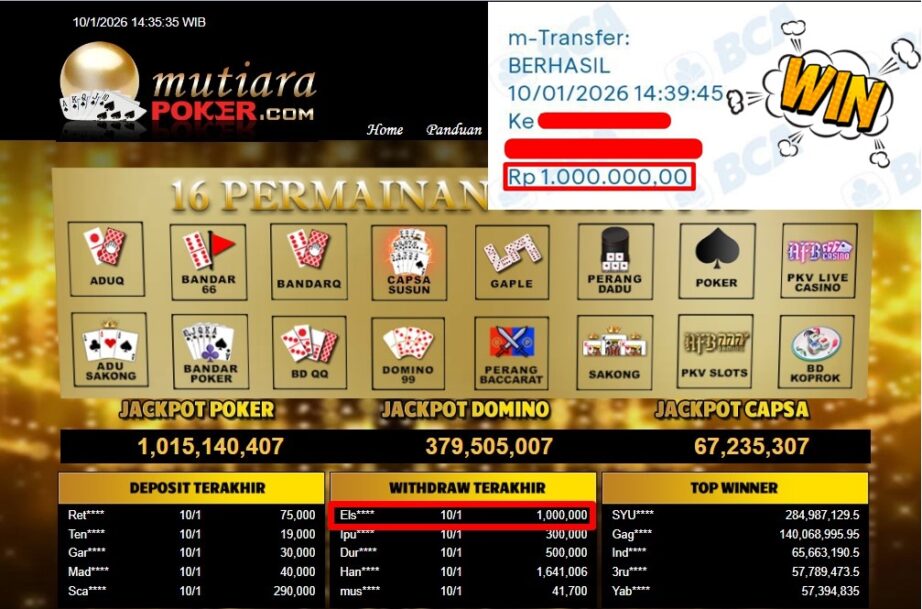 Bukti Withdraw ( 1,000,000,- ) Member Setia MutiaraPoker