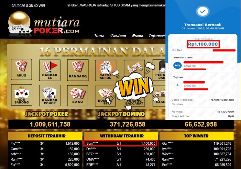 Bukti Withdraw ( 1,100,000,- ) Member Setia MutiaraPoker