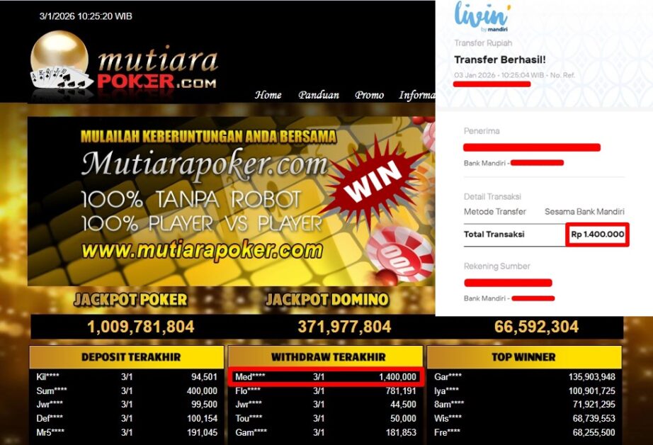 Bukti Withdraw ( 1,400,000,- ) Member Setia MutiaraPoker
