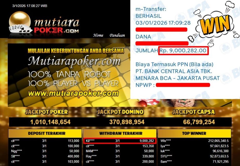 Bukti Withdraw ( 9,000,282,- ) Member Setia MutiaraPoker