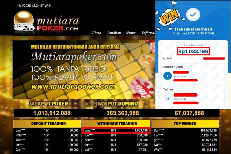 Bukti Withdraw ( 1,033,196,- ) Member Setia MutiaraPoker
