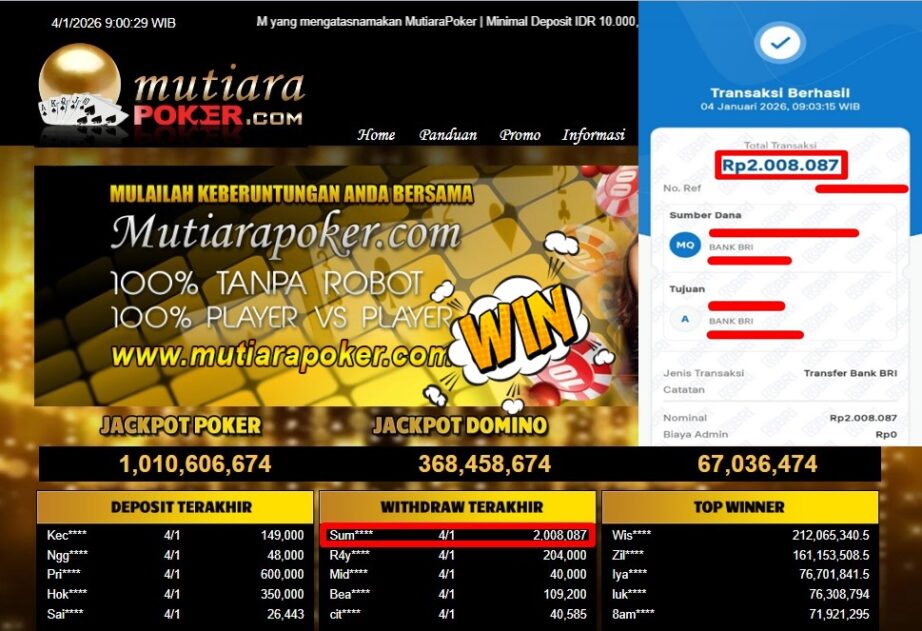 Bukti Withdraw ( 2,008,087,- ) Member Setia MutiaraPoker