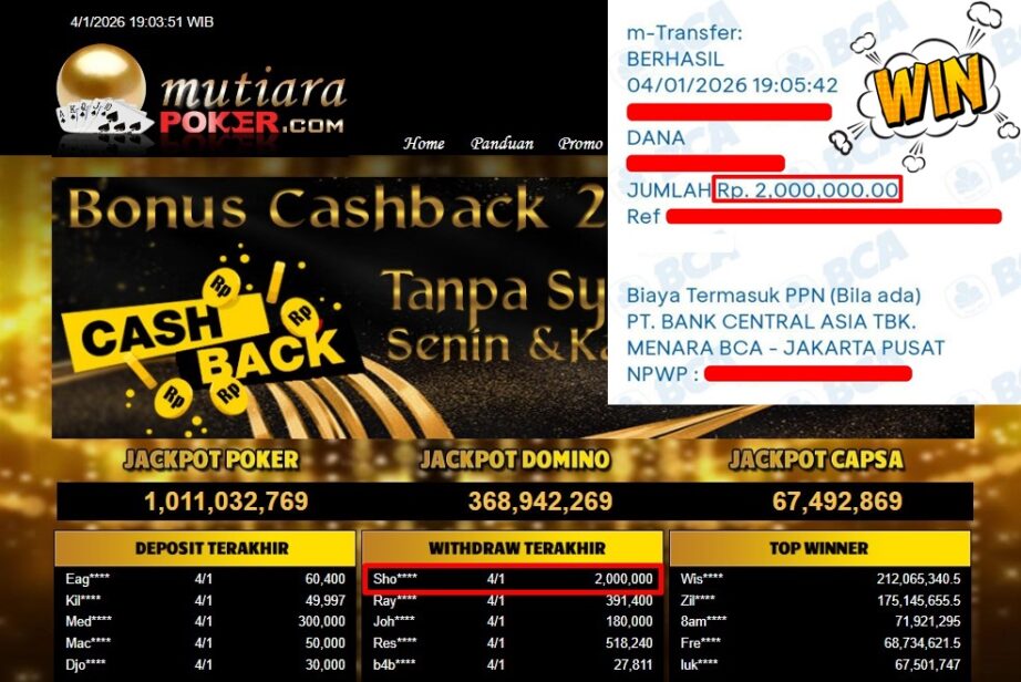 Bukti Withdraw ( 2.000.000,- ) Member Setia MutiaraPoker