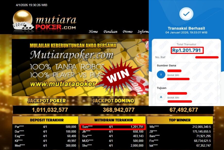 Bukti Withdraw ( 1,201,791,- ) Member Setia MutiaraPoker