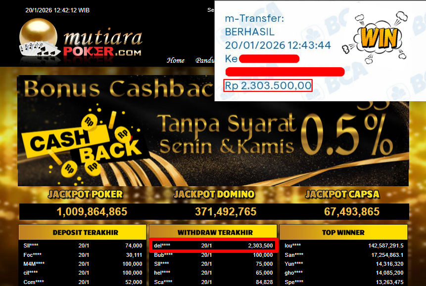 Bukti Withdraw ( 2,303,500,- ) Member Setia MutiaraPoker