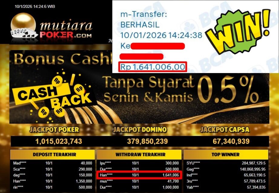 Bukti Withdraw ( 1,641,006,- ) Member Setia MutiaraPoker