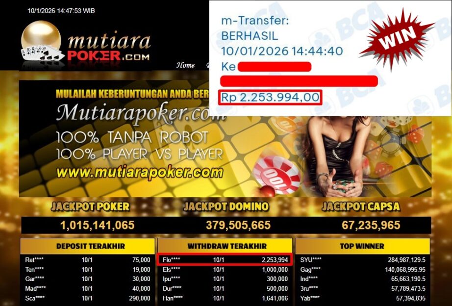 Bukti Withdraw ( 2,253,994.,- ) Member Setia MutiaraPoker