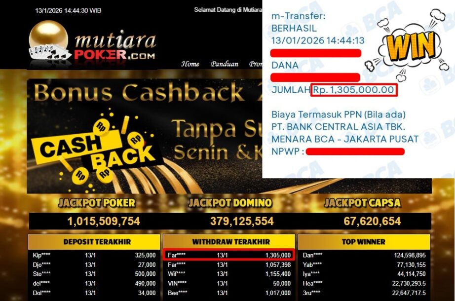Bukti Withdraw ( 1,305,000,- ) Member Setia MutiaraPoker