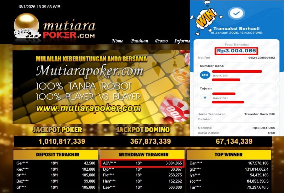 Bukti Withdraw ( 3,004,065,- ) Member Setia MutiaraPoker